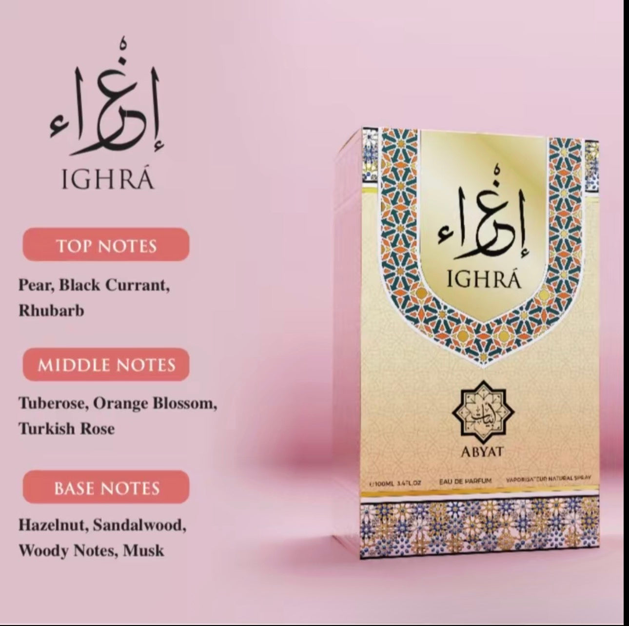 Ighra 100ML Eau de Parfum EDP 3.4 FL OZ Bergamot Water Jasmine Rose Patchouli Sandalwood For Everyday Sophistication