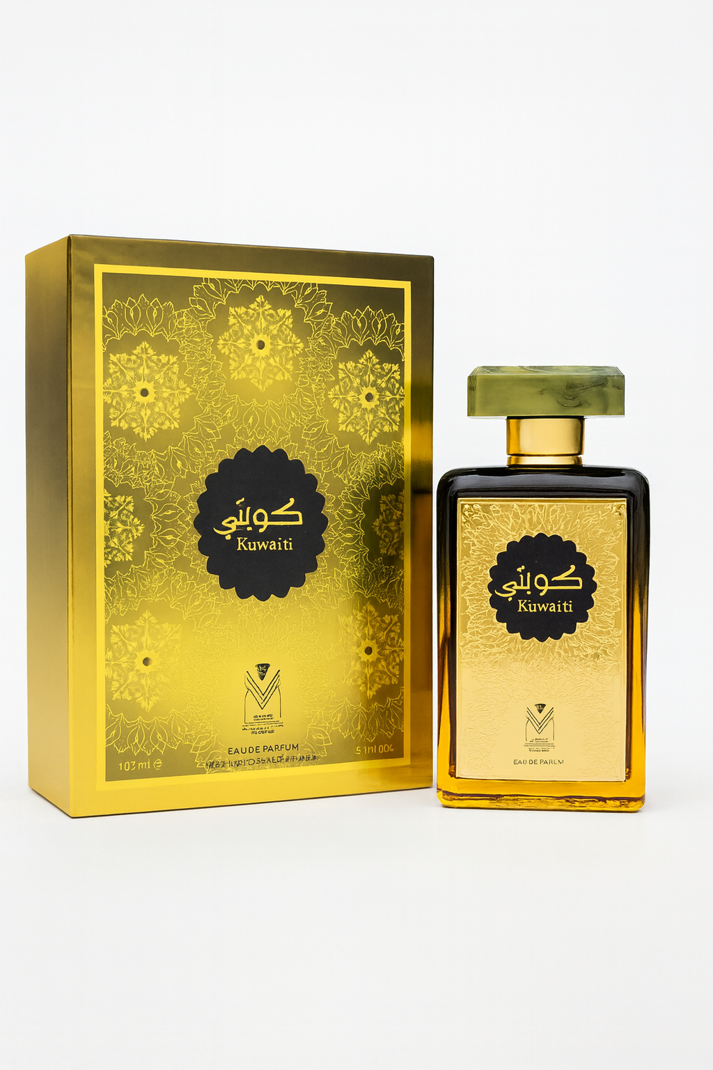 Kuwaiti perfume bottle and packaging with gold and black design on a white background