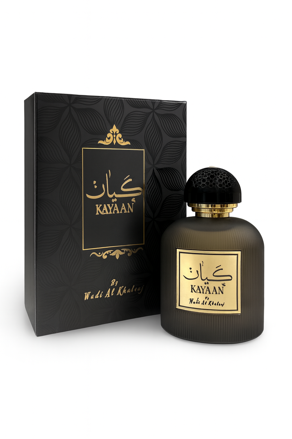 Kayaan By Wadi Al Khaleej Matte Black Ribbed Glass Perfume Bottle With Patterned Cap