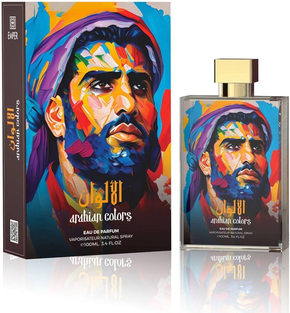 Perfume bottle and packaging with colorful design of a man's face on a white background