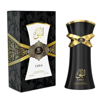 Black and gold perfume bottle and packaging with 'Laila' branding on a white background