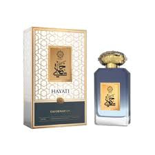 Perfume bottle and packaging with 'Hayati' branding on a white background